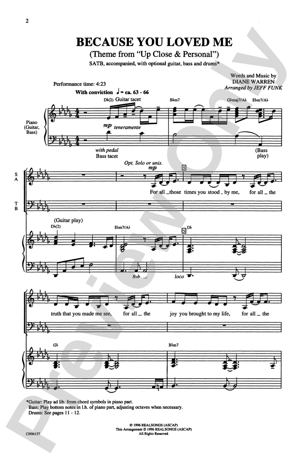 Because You Loved Me (Theme from <I>Up Close & Personal</I>): SATB Choral Octavo