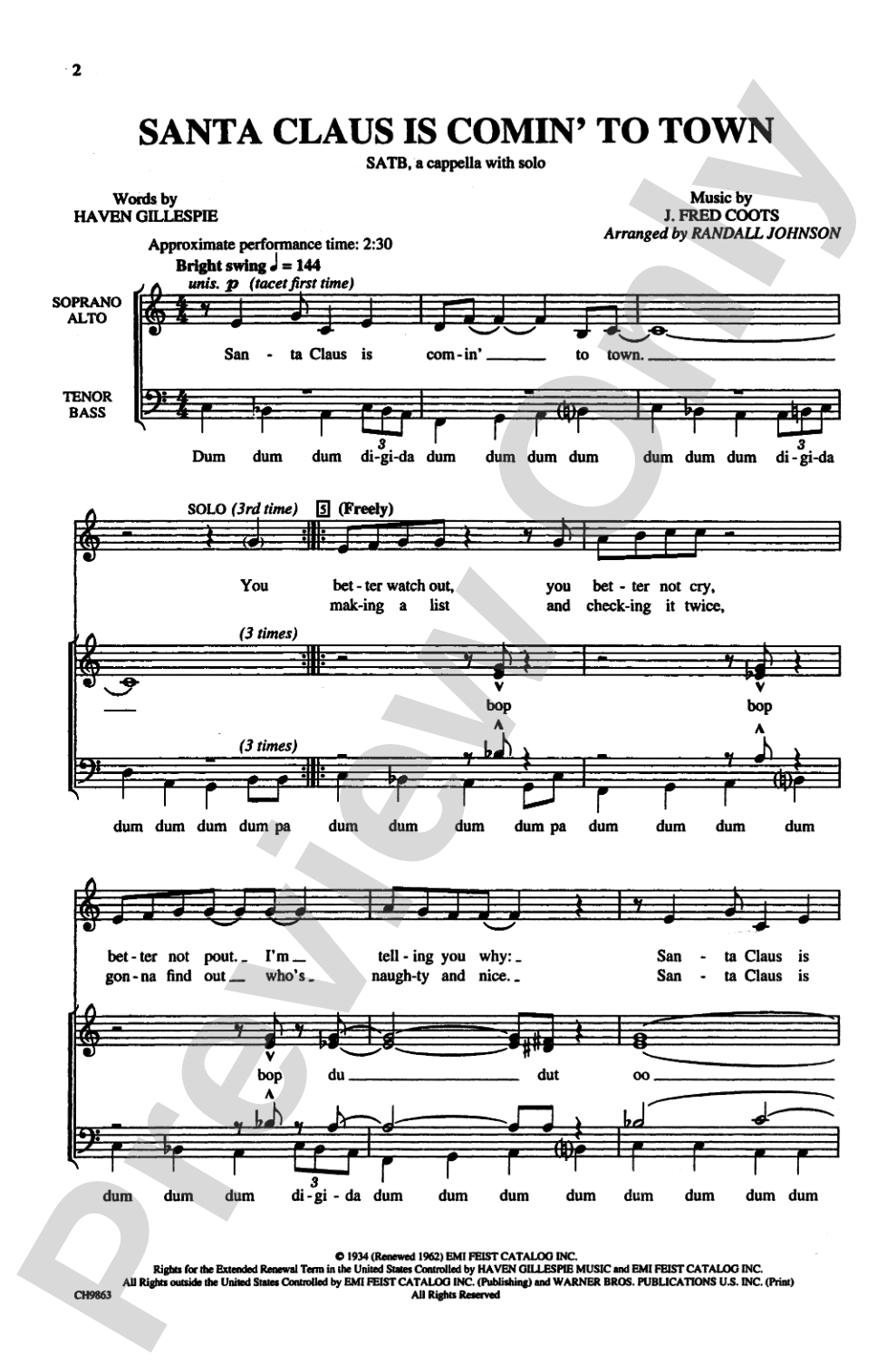 Santa Claus Is Comin' to Town: SATB, <I>a cappella,</I> and Solo Choral Octavo