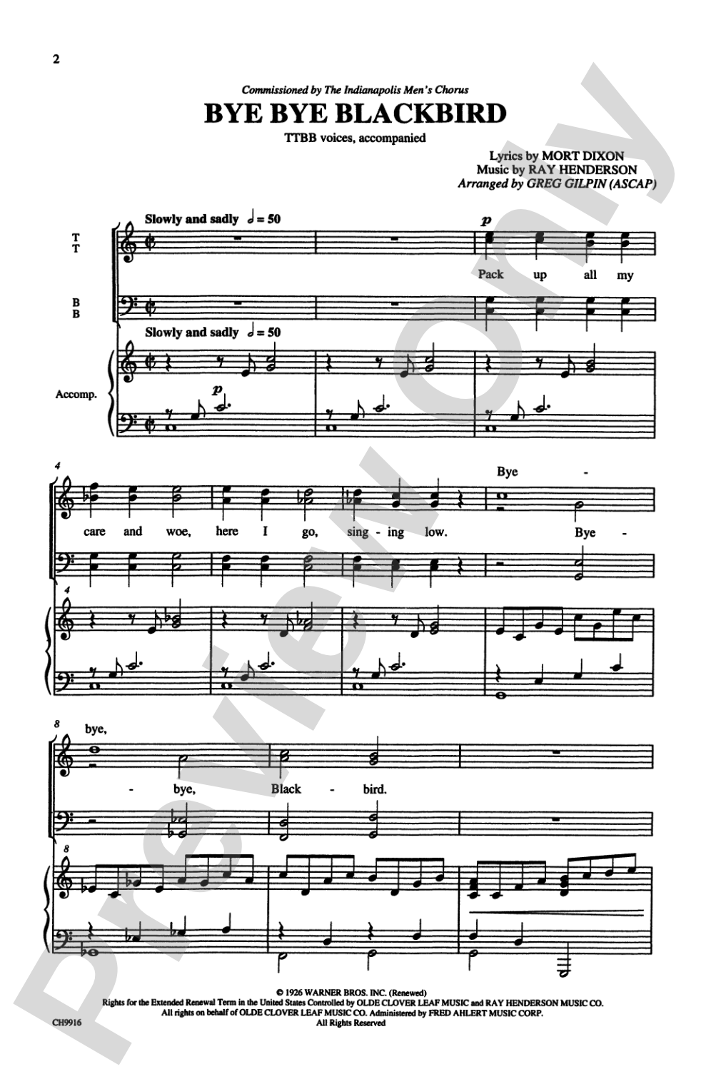 Bye Bye Blackbird: TTBB Choral Octavo