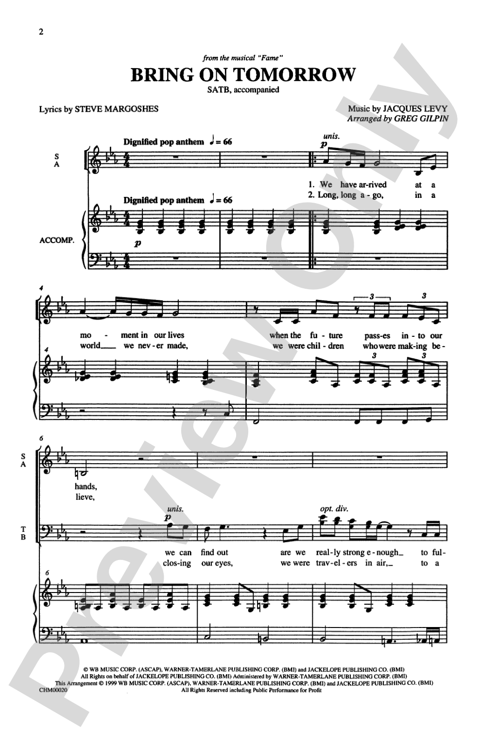 Bring on Tomorrow (from <I>Fame</I>): SATB Choral Octavo