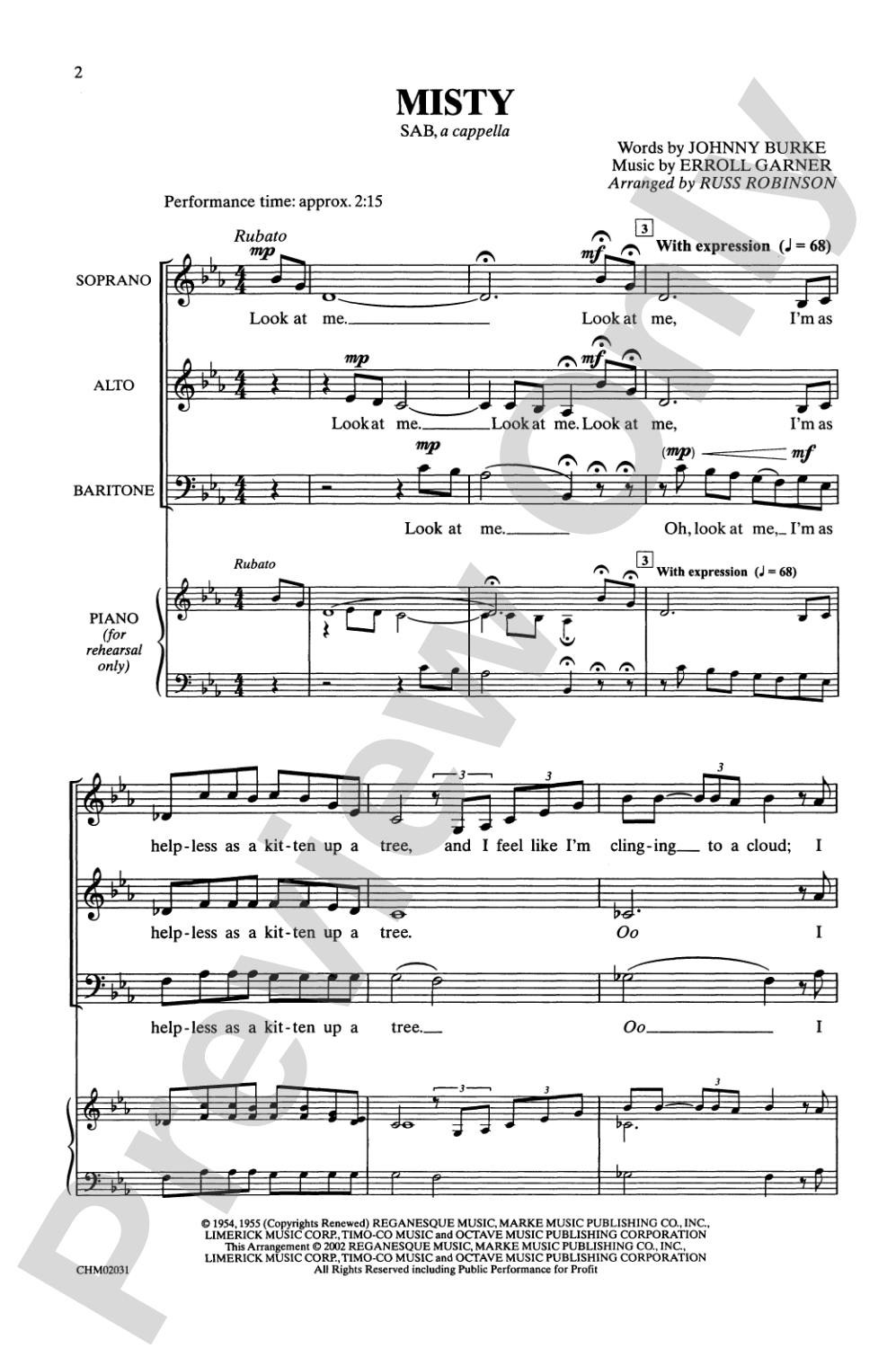 Misty: SAB, <I>a cappella</I> Choral Octavo