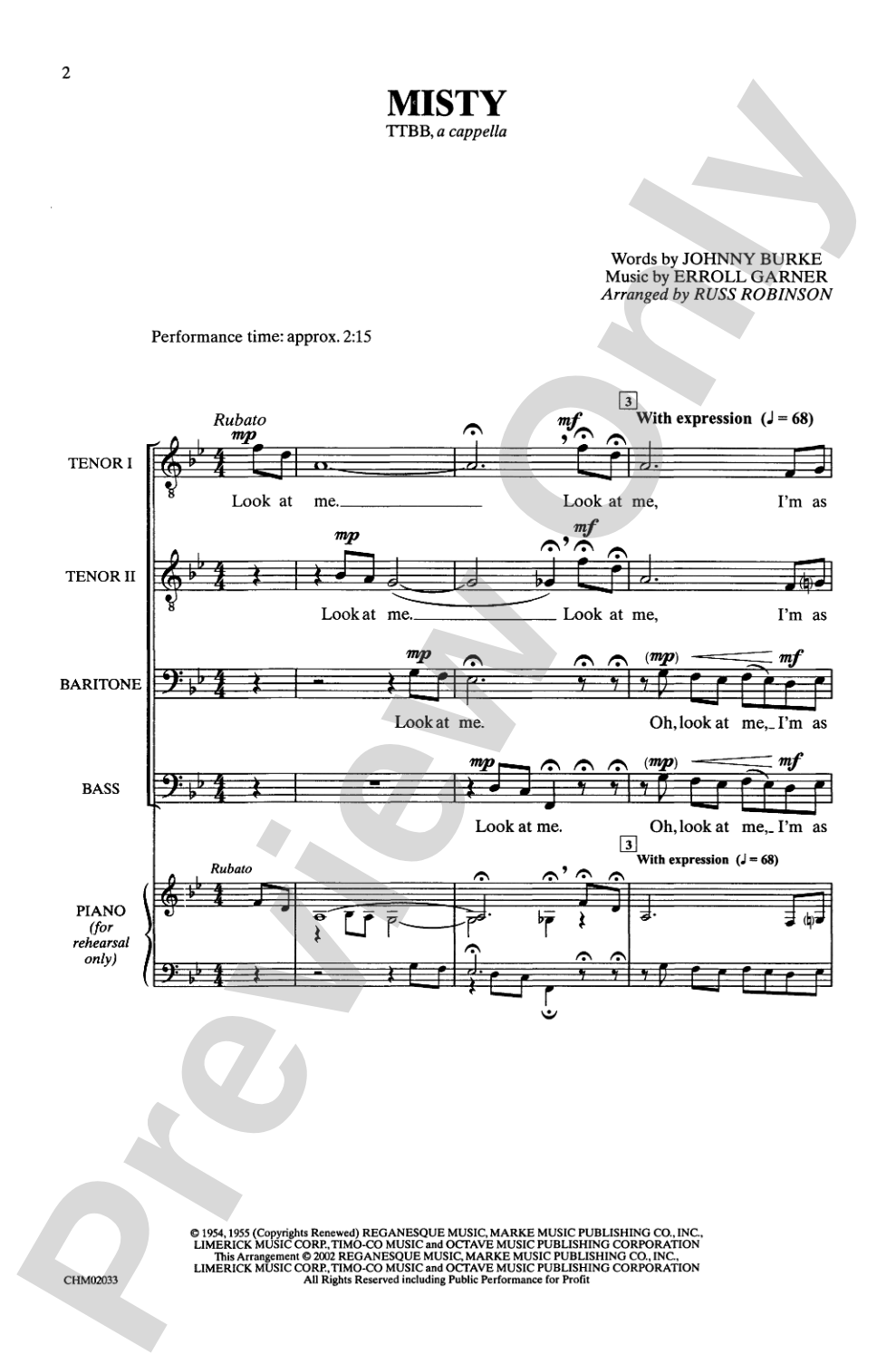 Misty: TTBB, <I>a cappella</I> Choral Octavo