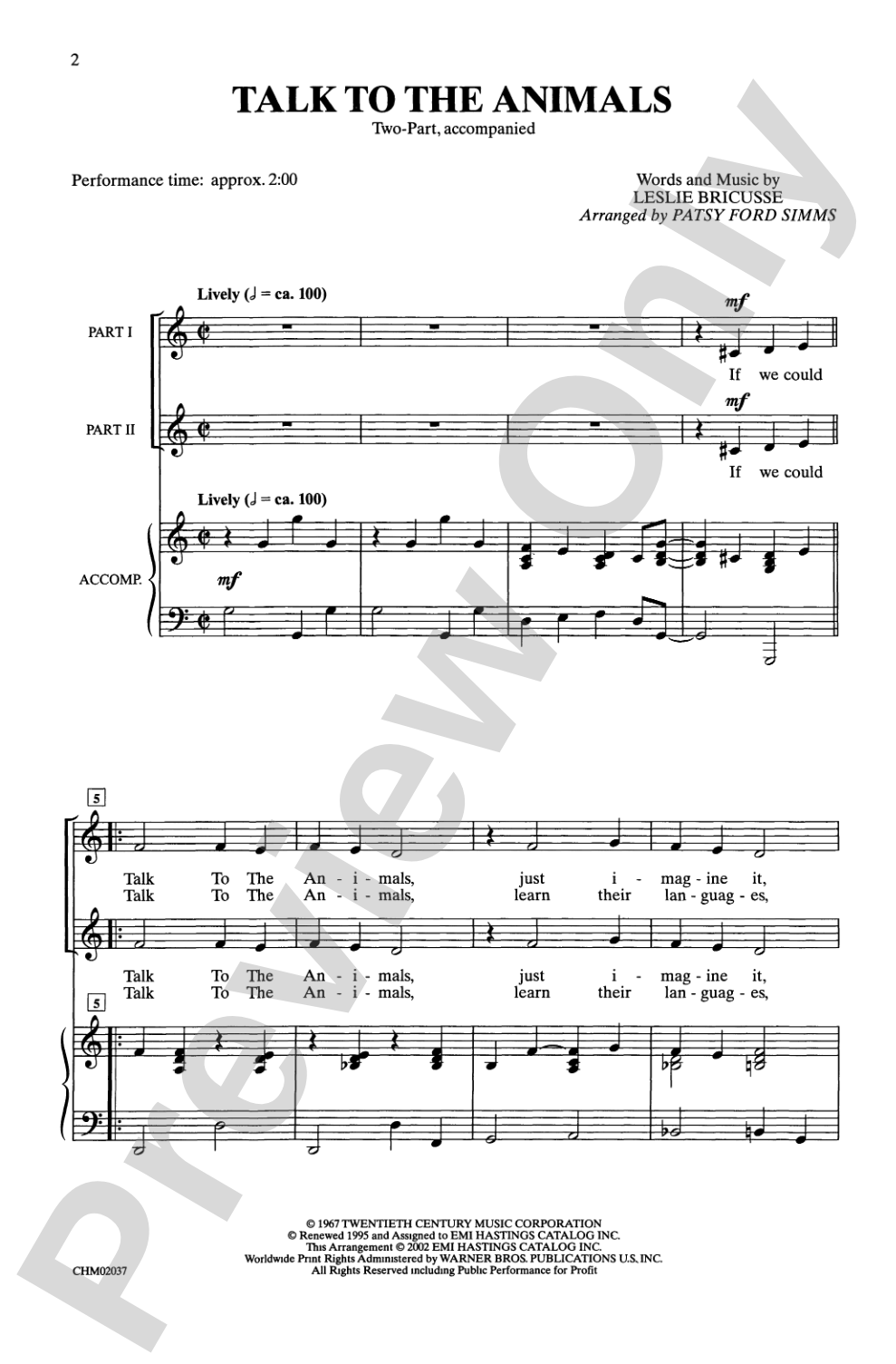 Talk to the Animals: 2-Part Choral Octavo