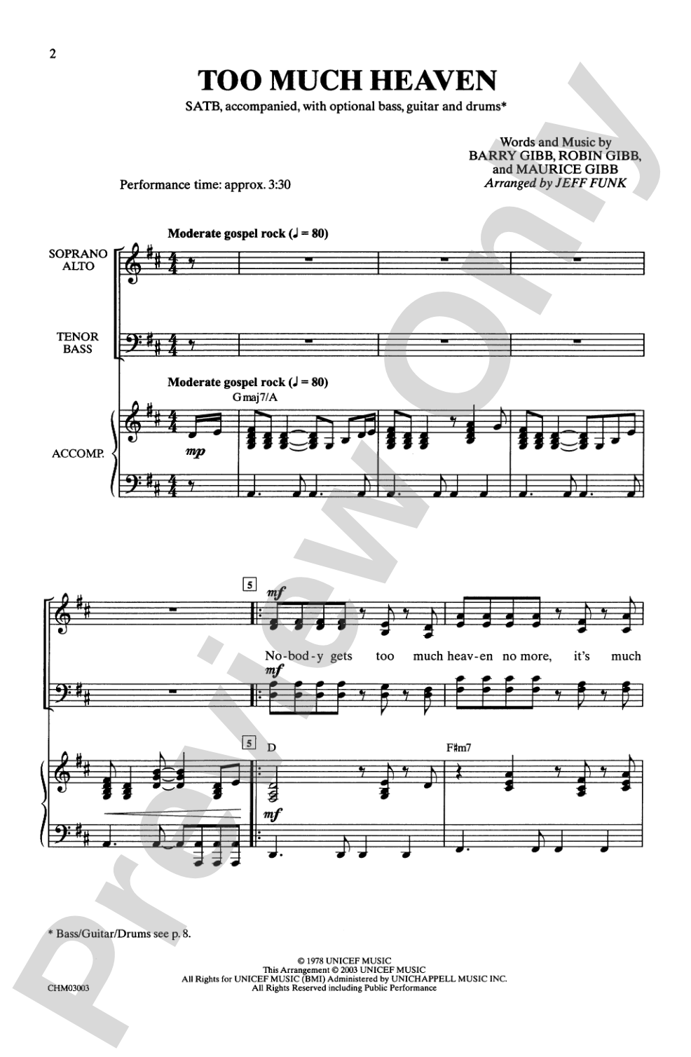 Too Much Heaven: SATB Choral Octavo