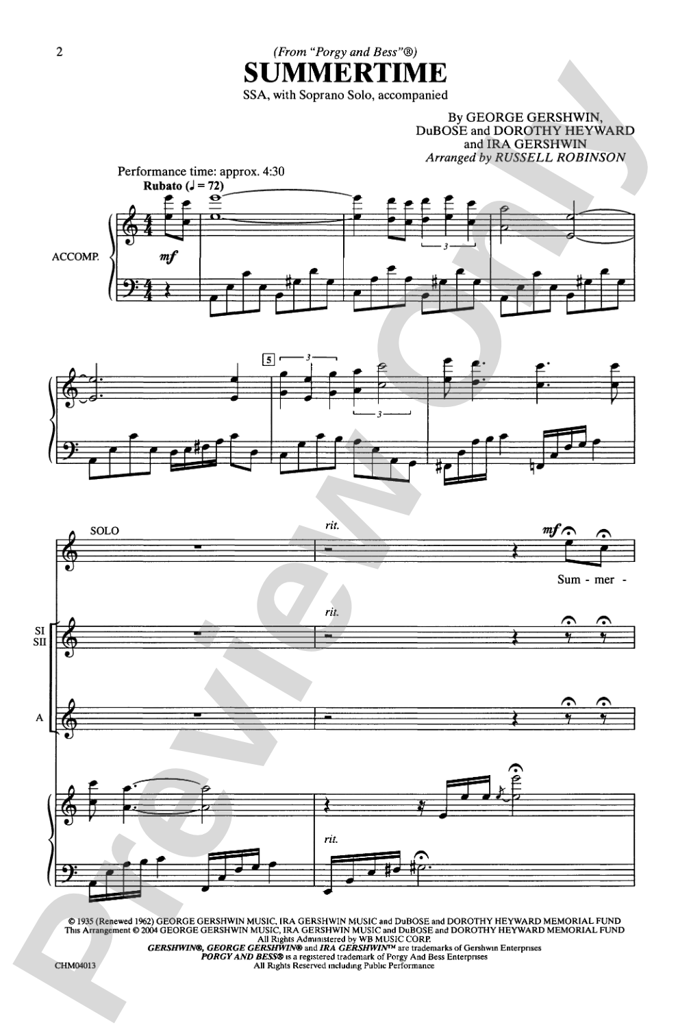 Summertime (from <I>Porgy and Bess</I>®): SSA and Soprano Solo Choral Octavo