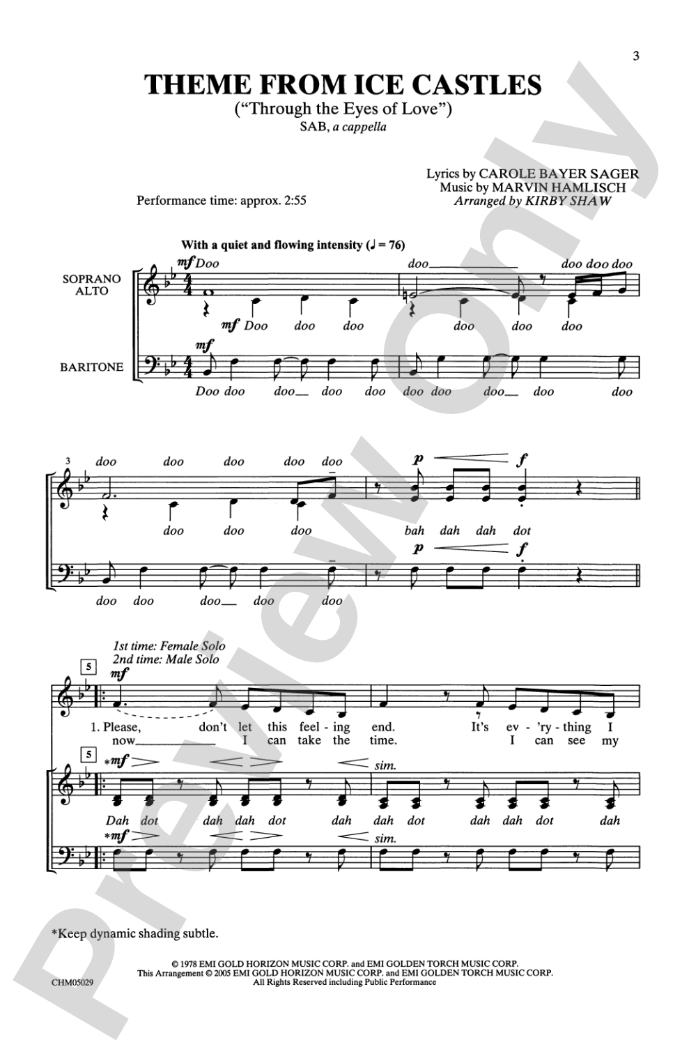 <I>Ice Castles,</I> Theme from (Through the Eyes of Love): SAB, <I>a cappella</I> Choral Octavo