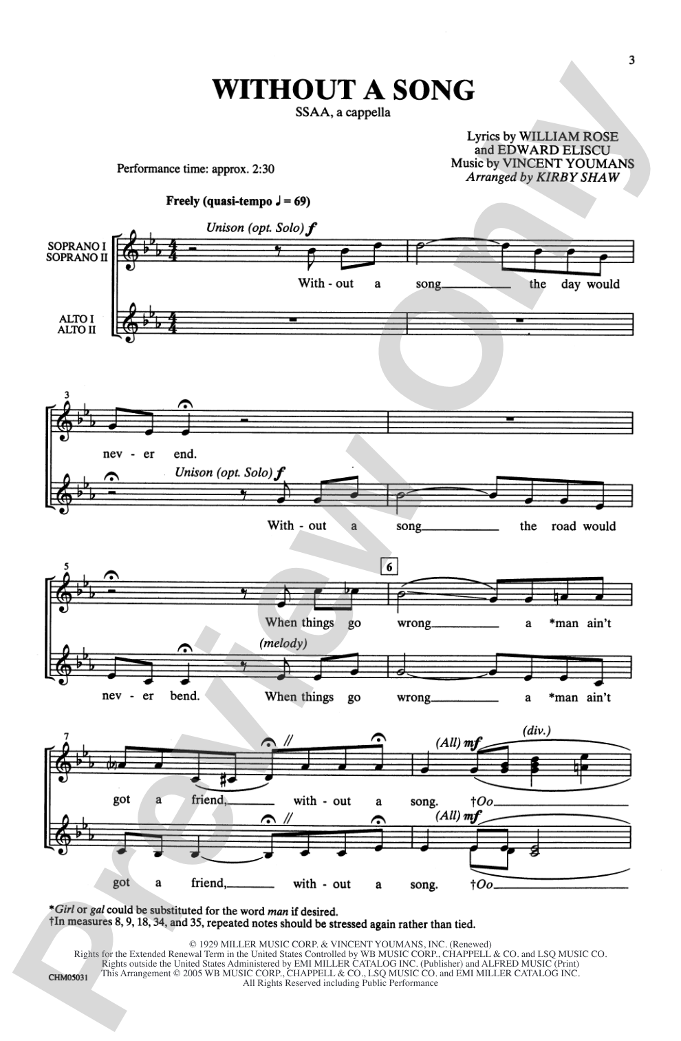 Without a Song: SSAA, <I>a cappella</I> Choral Octavo