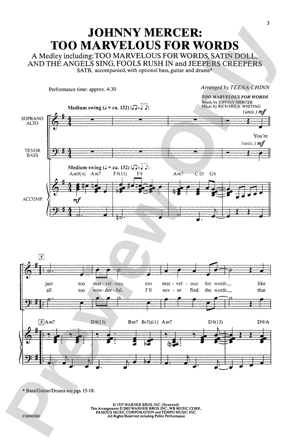 Johnny Mercer: Too Marvelous for Words (A Medley): SATB Choral Octavo