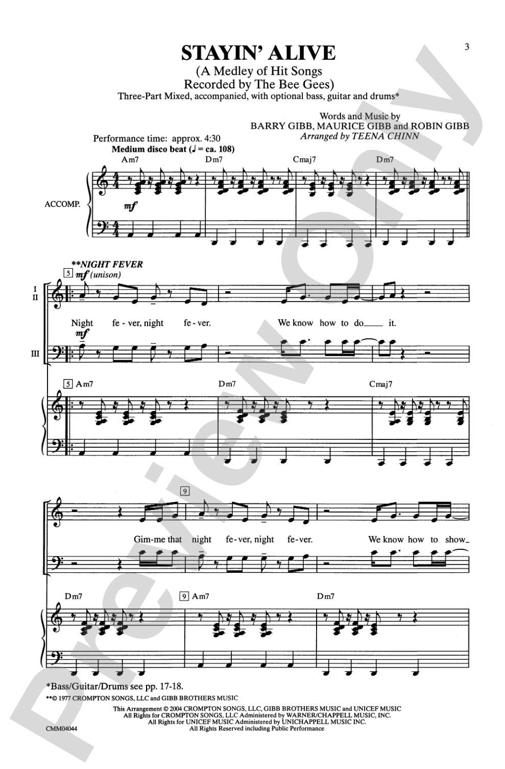 Stayin' Alive (A Medley of Hit Songs Recorded by the Bee Gees): 3-Part Mixed Choral Octavo