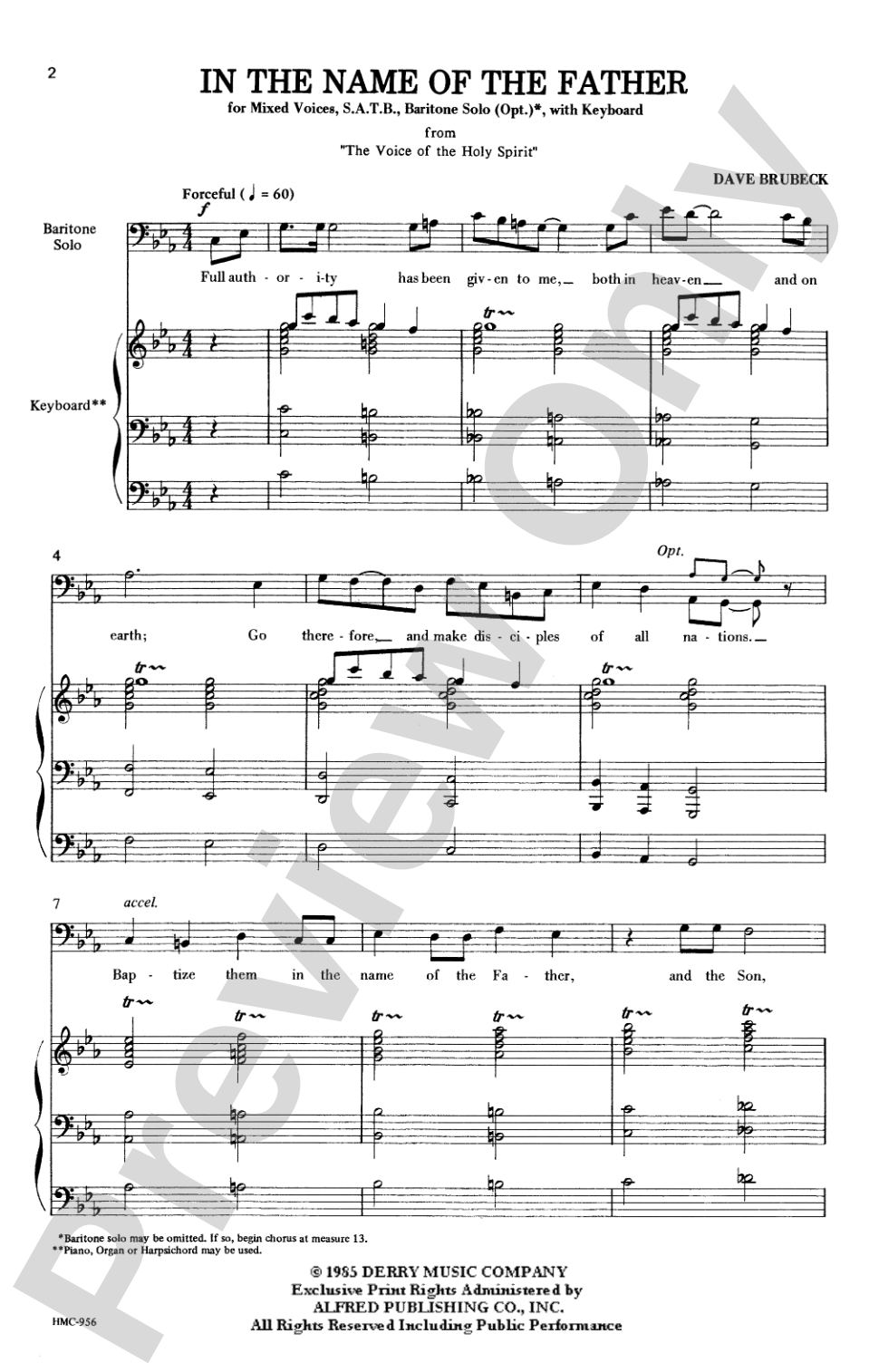In the Name of the Father (from <I>The Voice of the Holy Spirit</I>): SATB, with Opt. Baritone Solo Choral Octavo