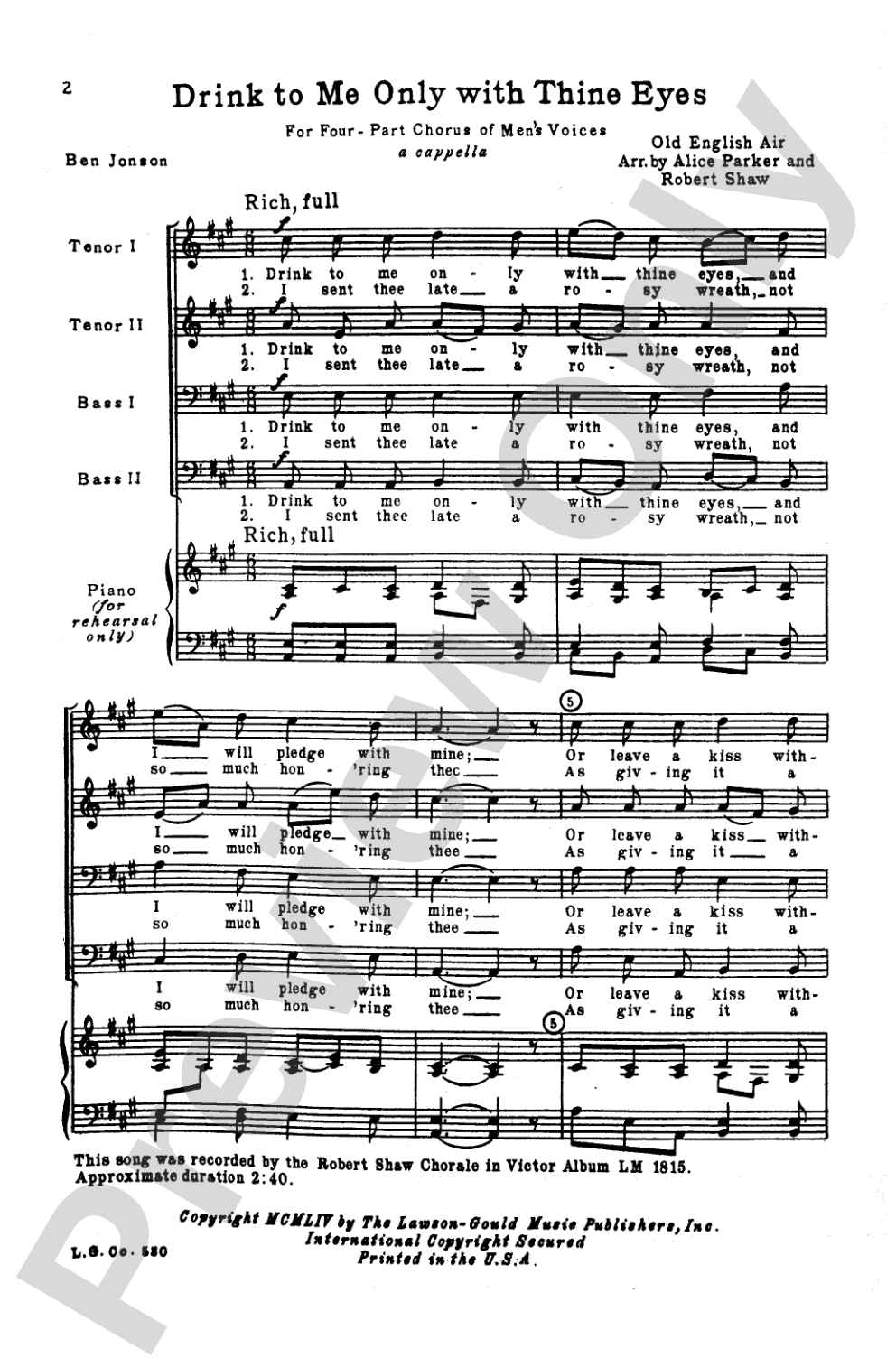 Drink to Me Only with Thine Eyes: TTBB Choral Octavo