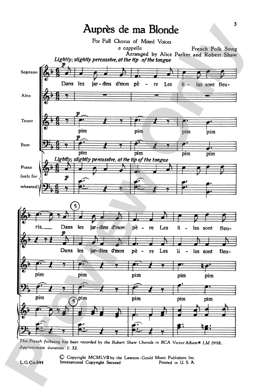 Aupres de ma Blonde: SATB Choral Octavo