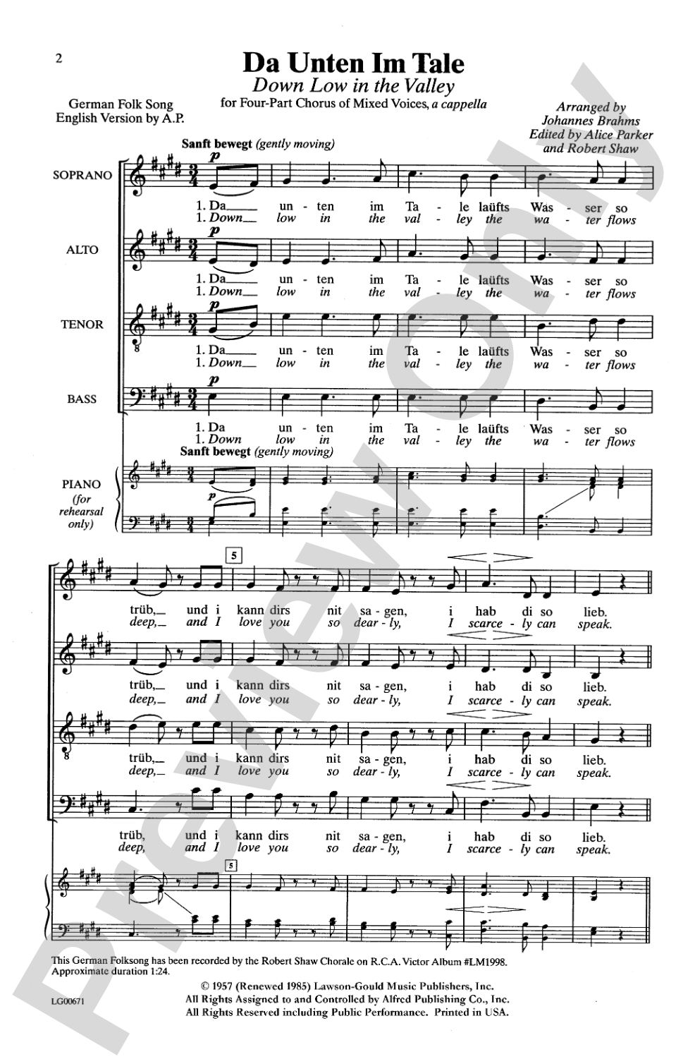 Da Unten Im Tale / In Stiller Nacht (Down Low in the Valley / The Still of Night): SATB, <I>a cappella</I> Choral Octavo