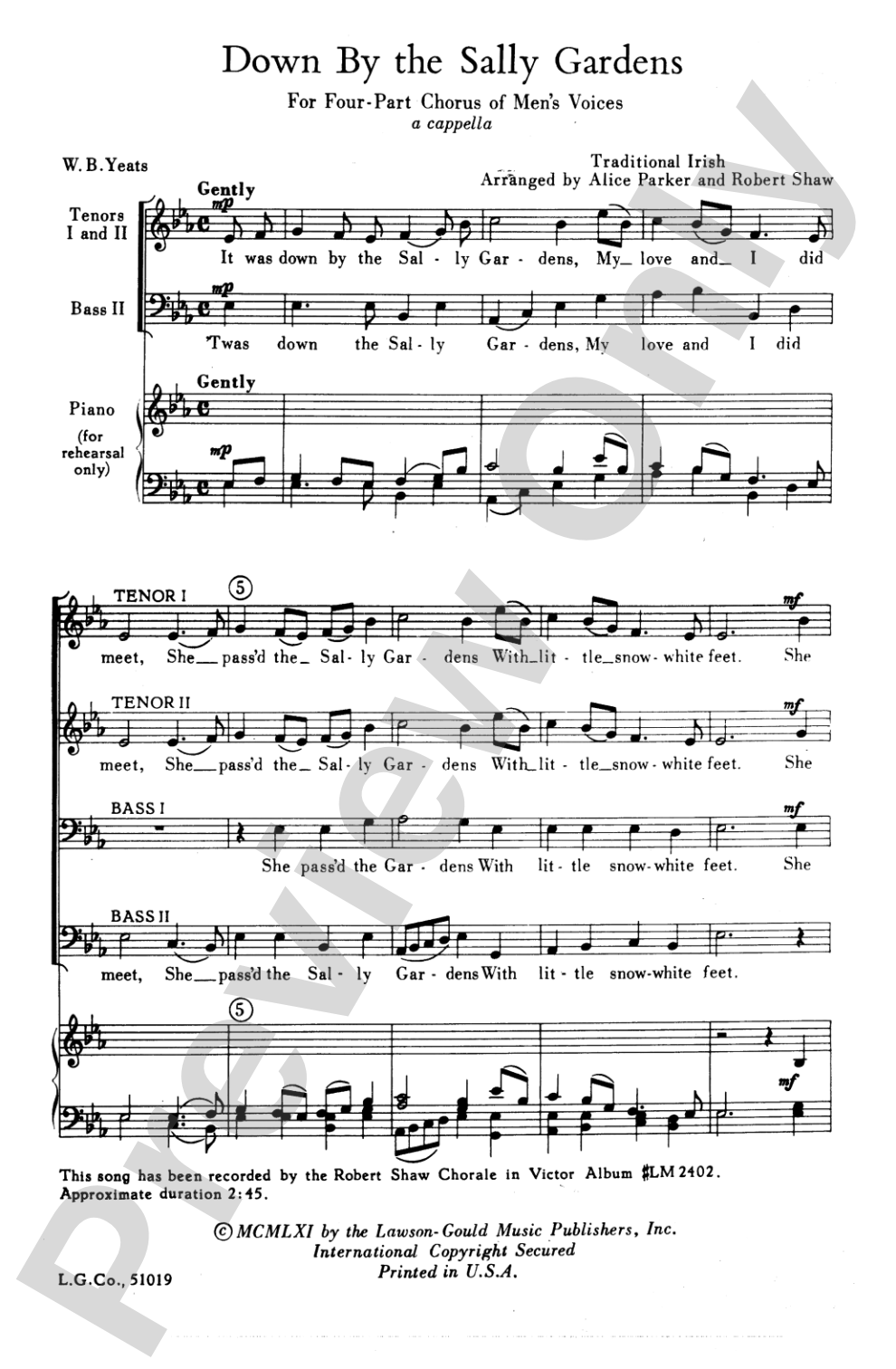 Down by the Sally Gardens: TTBB Choral Octavo