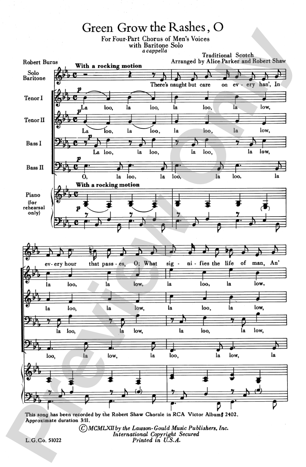 Green Grow the Rashes, O: TTBB Choral Octavo