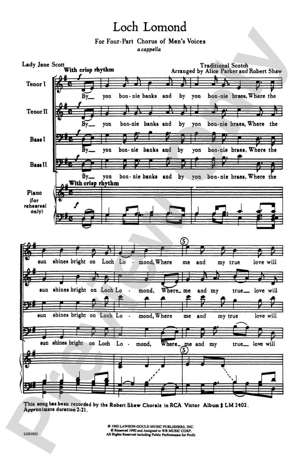 Loch Lomond: TTBB Choral Octavo