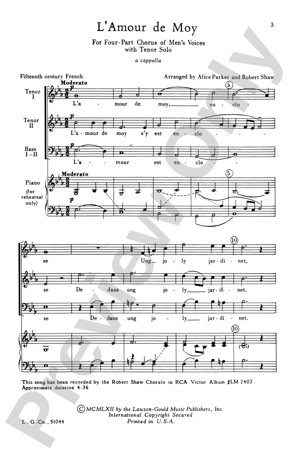 L'Amour De Moy: TTBB Choral Octavo