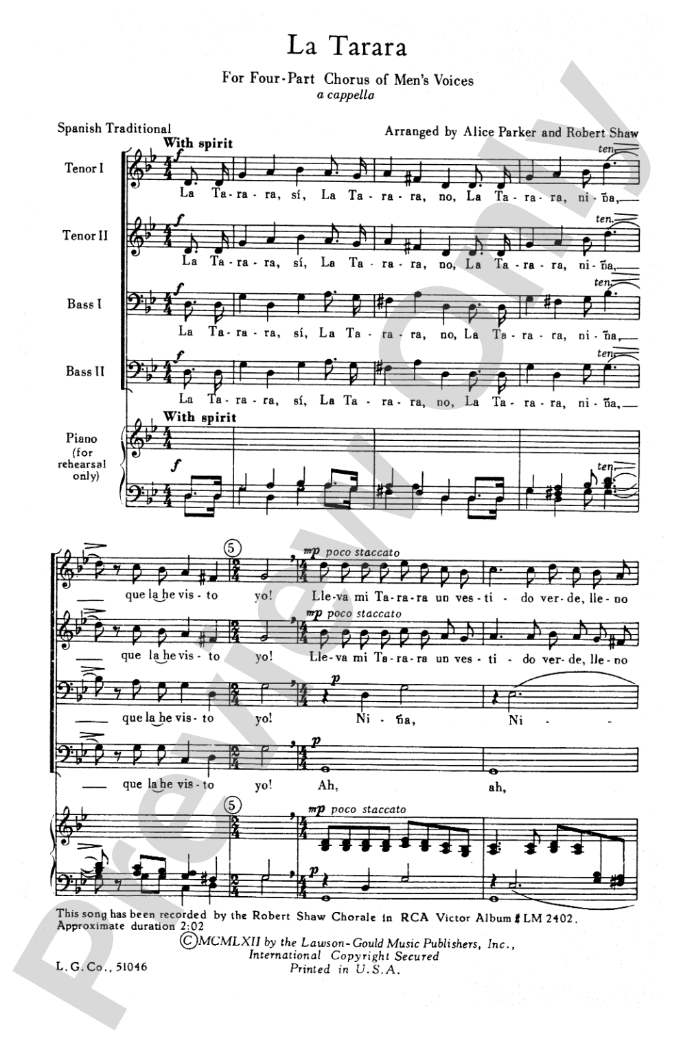 La Tarara: 4-Part Men's Chorus Choral Octavo