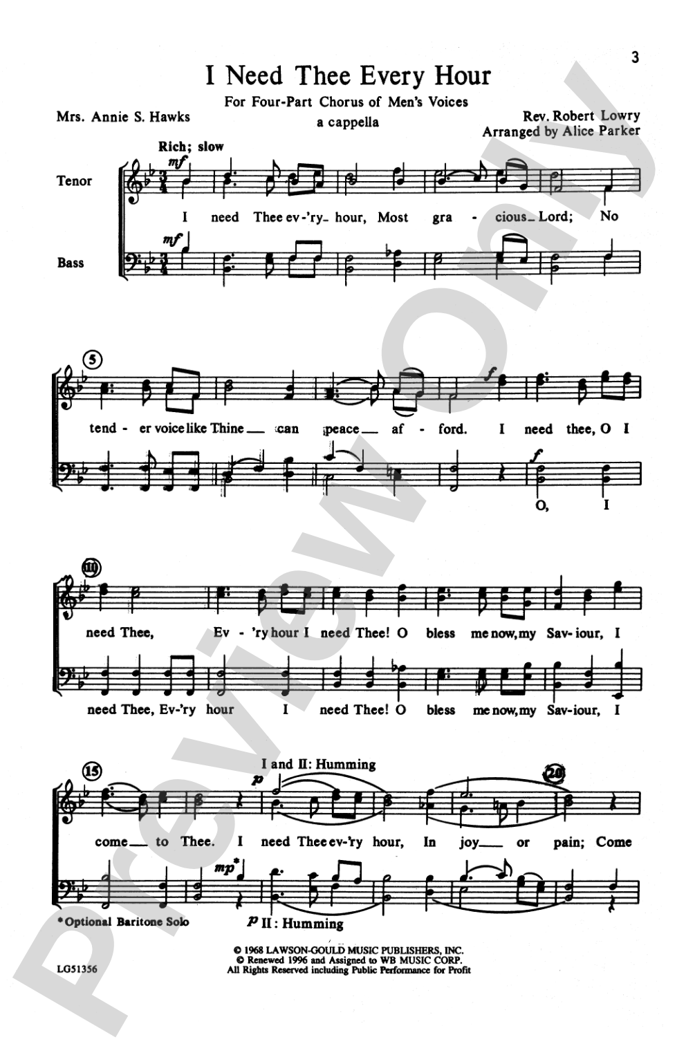 I Need Thee Every Hour: TTBB Choral Octavo