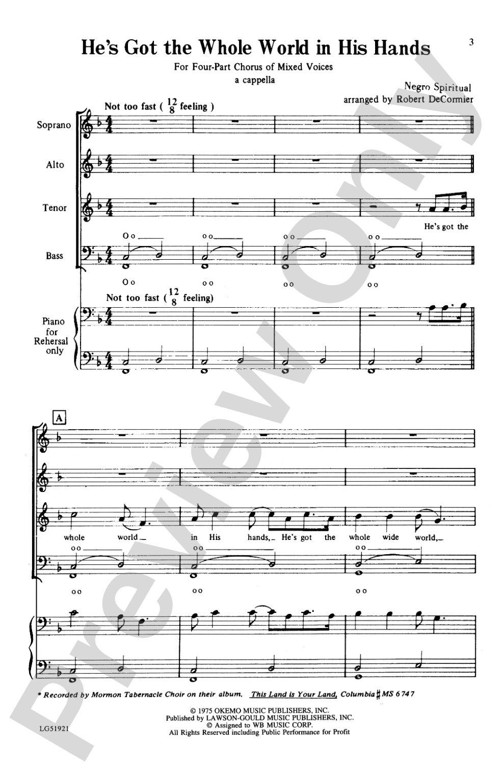 He's Got the Whole World in His Hands: SATB, <I>a cappella</I> Choral Octavo