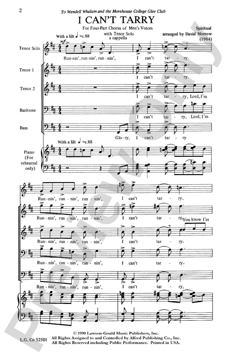 I Can't Tarry: TTBB Choral Octavo