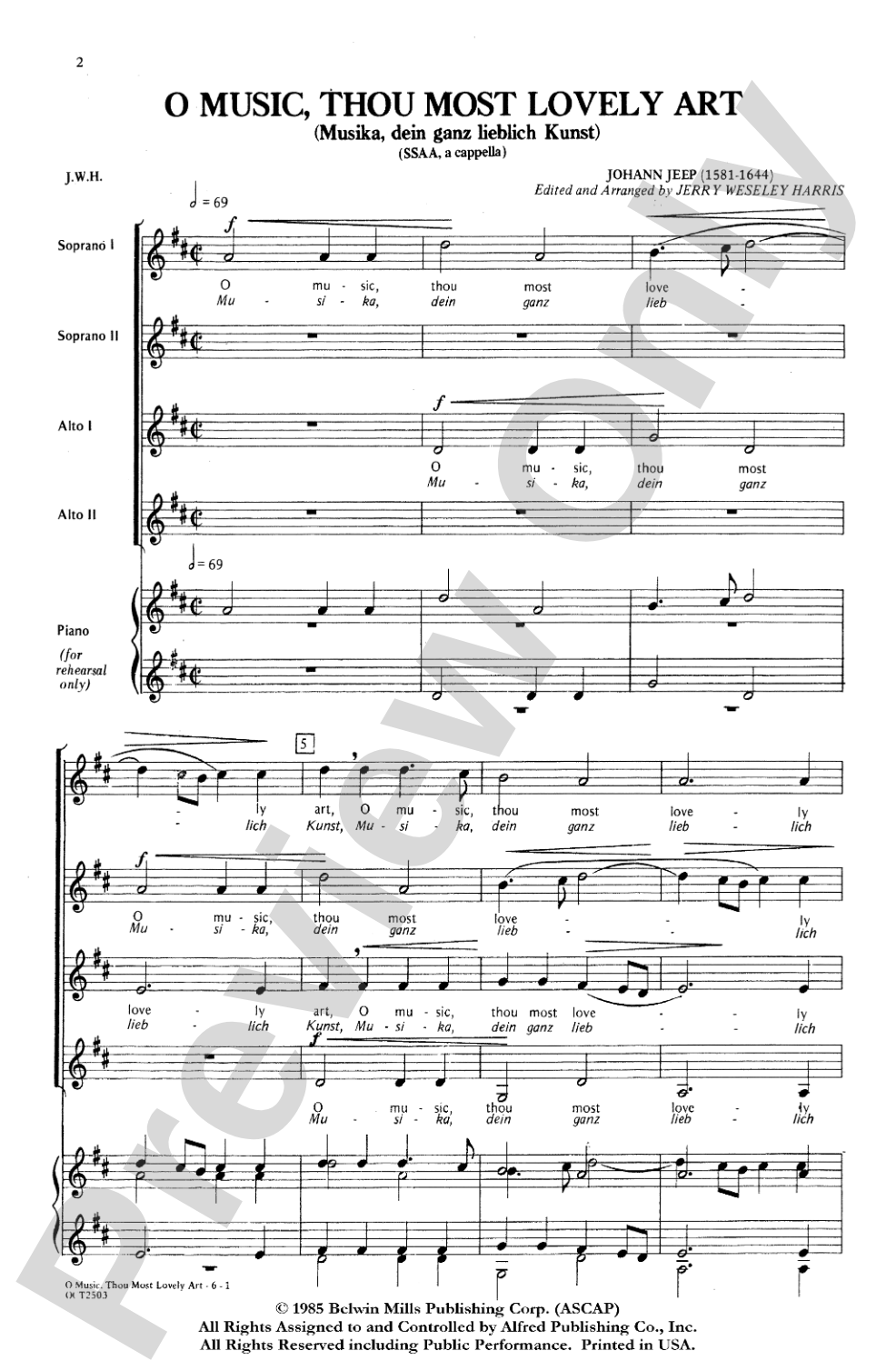 O Music, Thou Most Lovely Art: SSAA, <I>a cappella</I> Choral Octavo