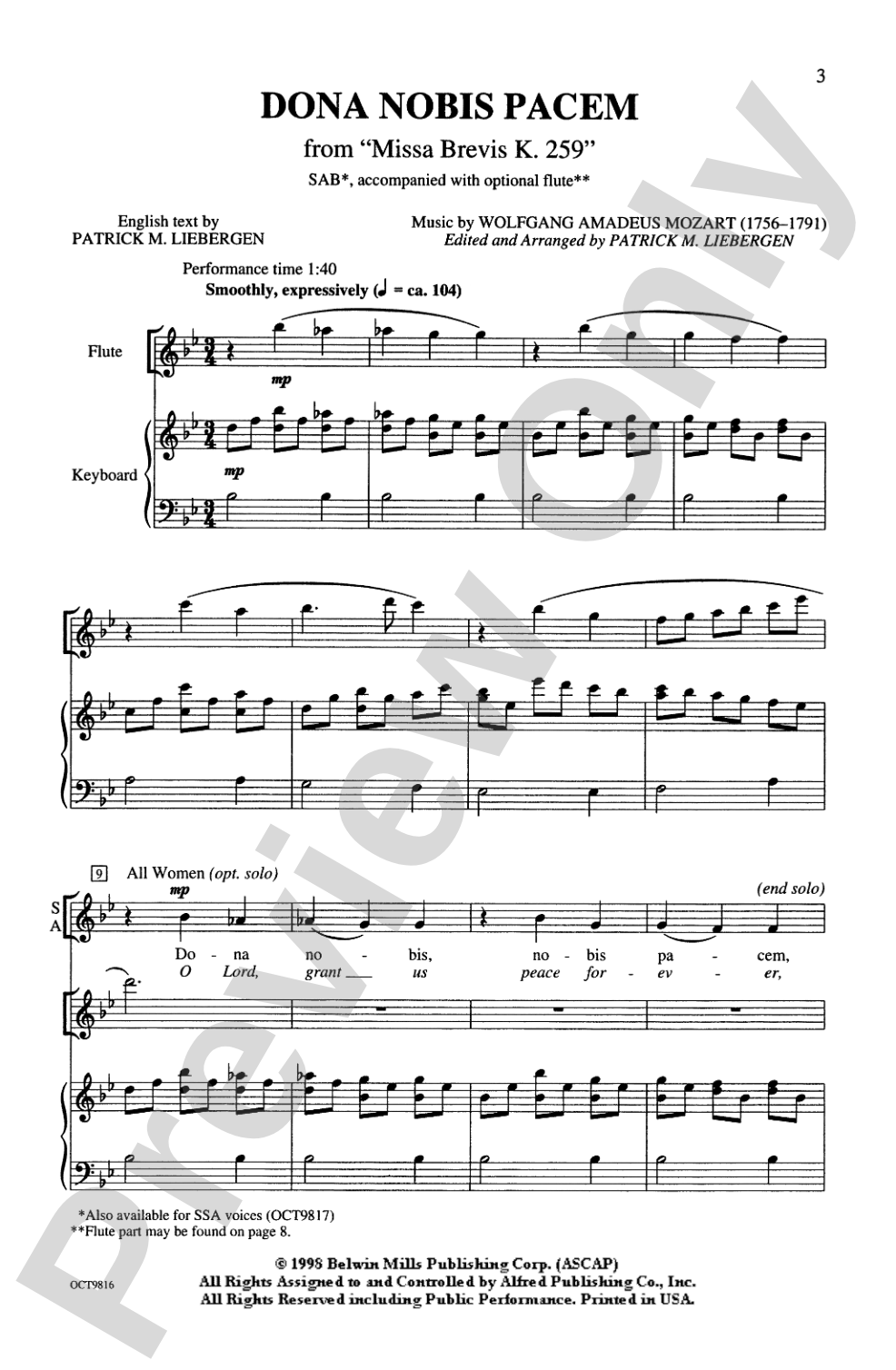 Dona Nobis Pacem (from <I>Missa Brevis,</I> K. 259): SAB Choral Octavo