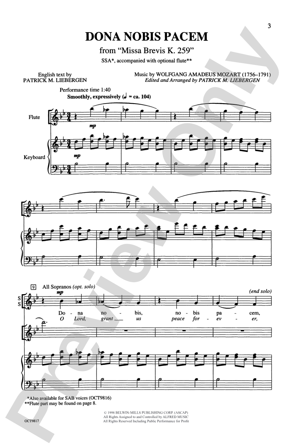 Dona Nobis Pacem (from <I>Missa Brevis,</I> K. 259): SSA Choral Octavo