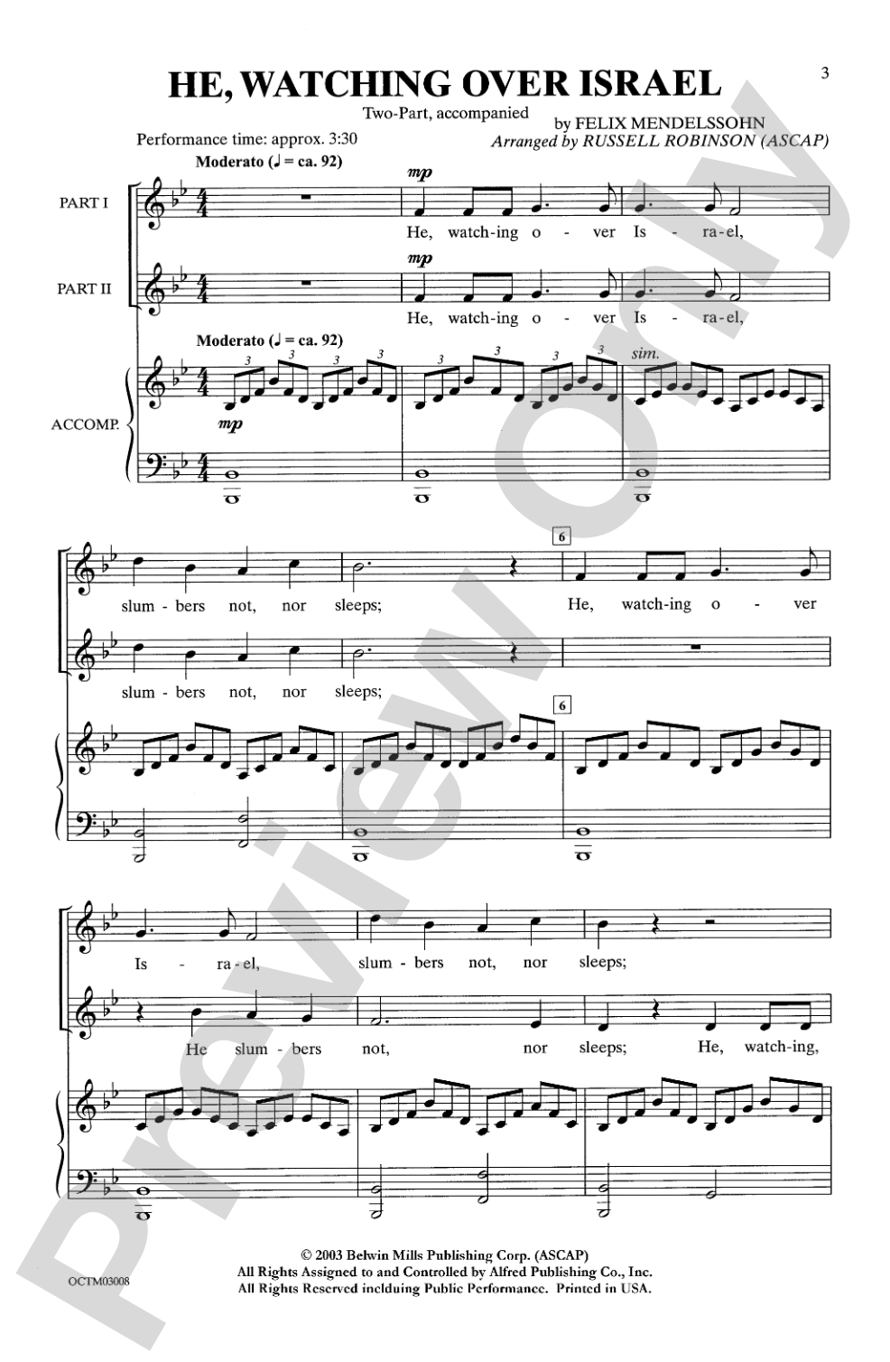 He, Watching Over Israel (from <I>Elijah</I>): 2-Part Choral Octavo