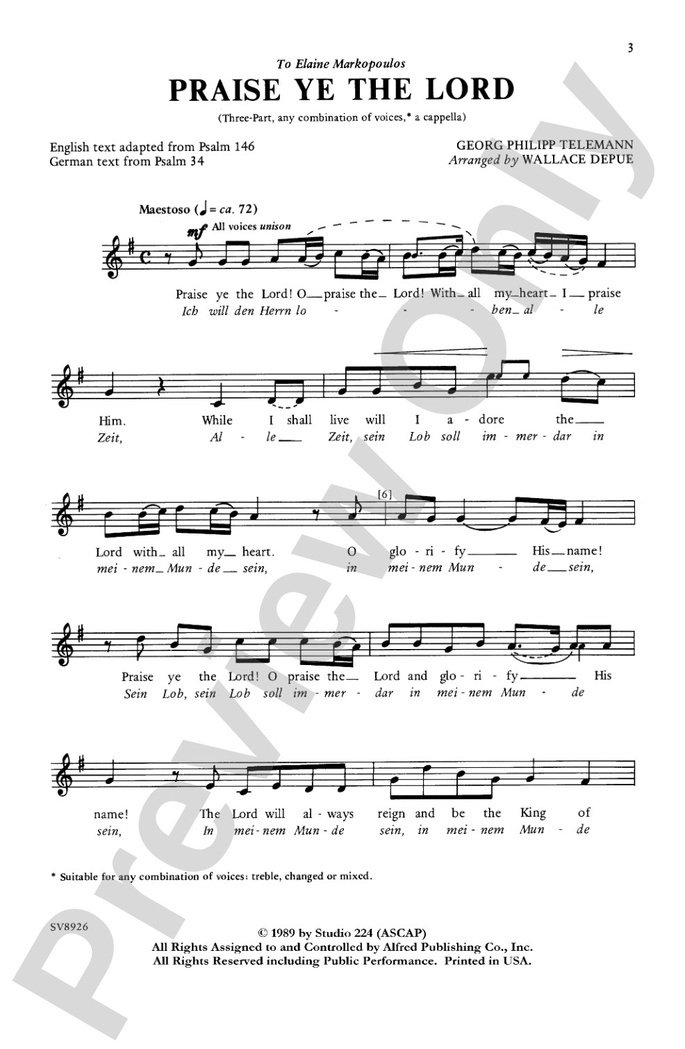 Praise Ye the Lord: 3-Part (any combination of voices), <I>a cappella</I> Choral Octavo