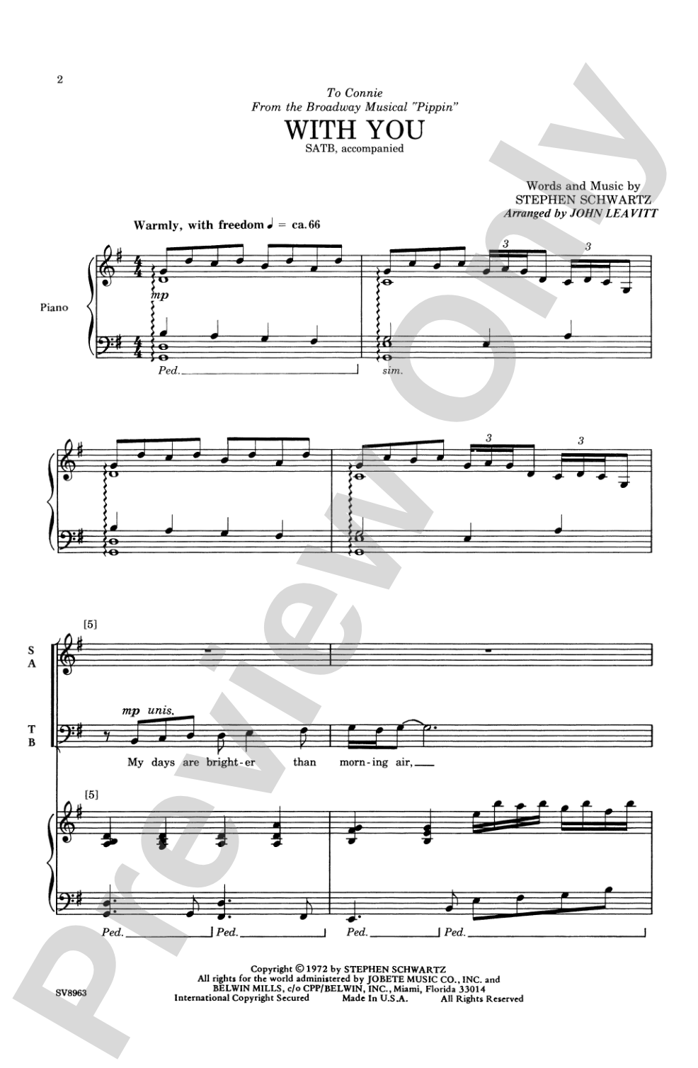With You (from <I>Pippin</I>): SATB Choral Octavo