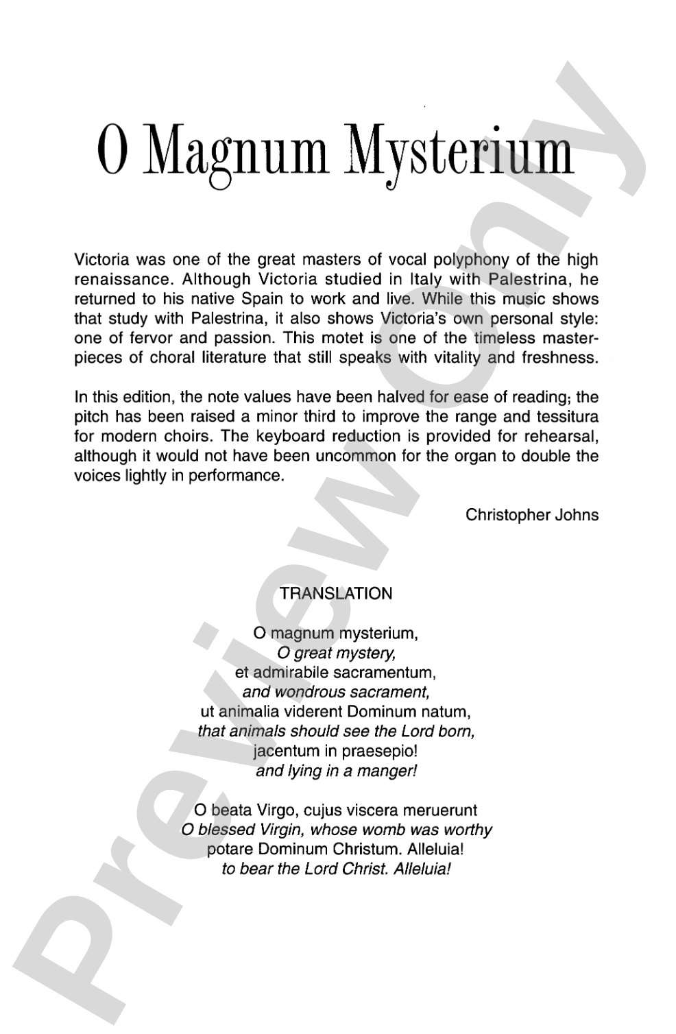 O Magnum Mysterium: SATB, <I>a cappella</I> Choral Octavo