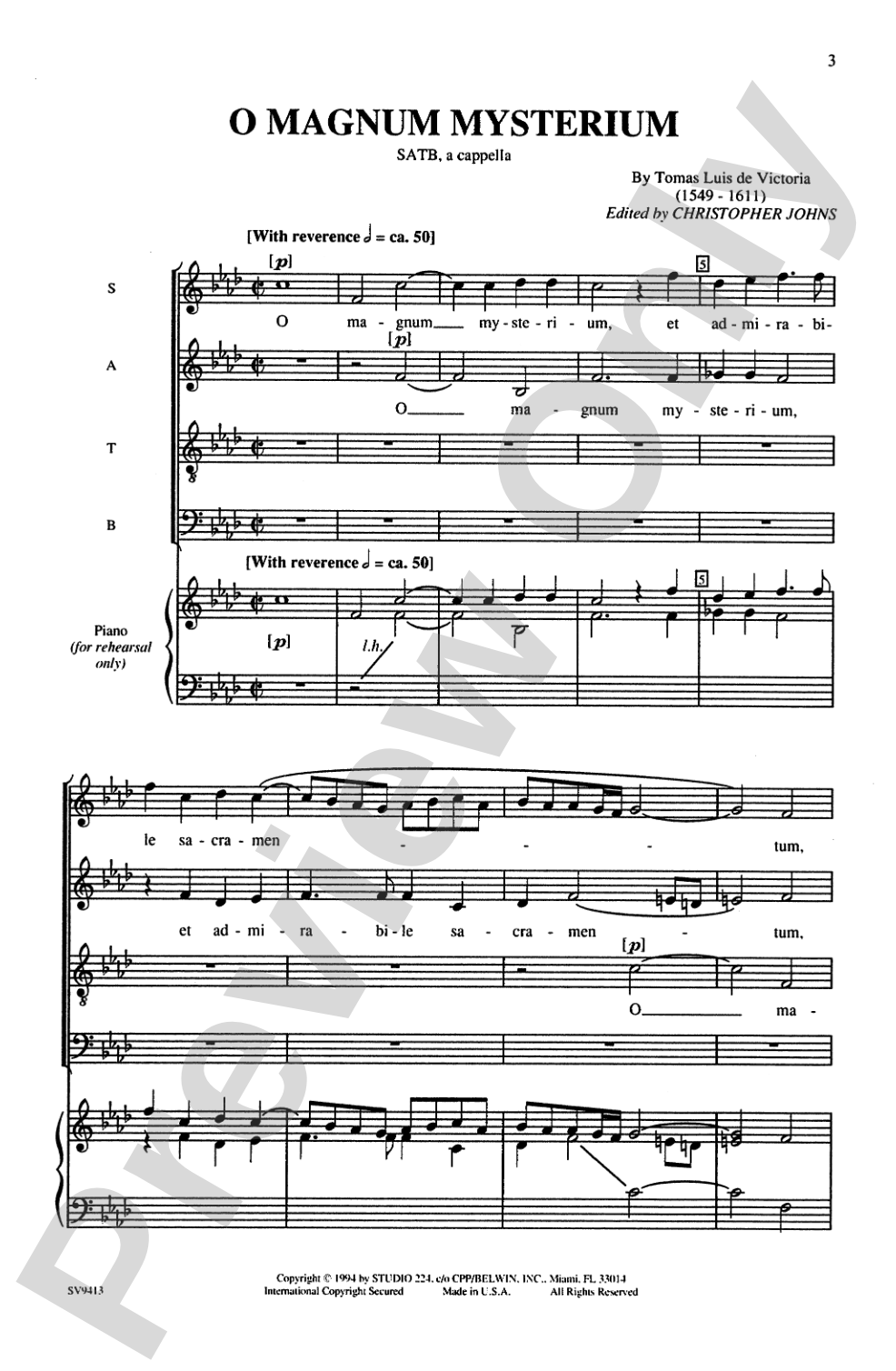 O Magnum Mysterium: SATB, <I>a cappella</I> Choral Octavo