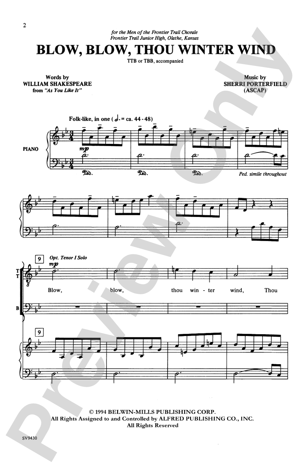 Blow, Blow, Thou Winter Wind: TTB or TBB Choral Octavo