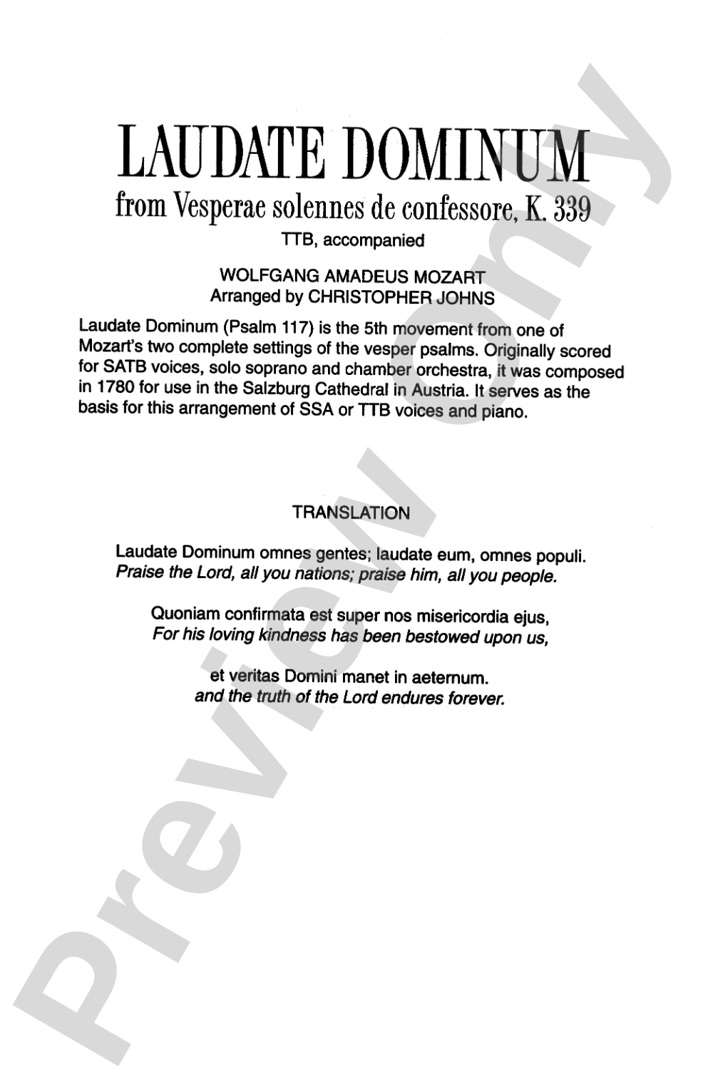 Laudate Dominum (from <I>Vesperae Solennes De Confessore,</I> K. 339): TTB Choral Octavo