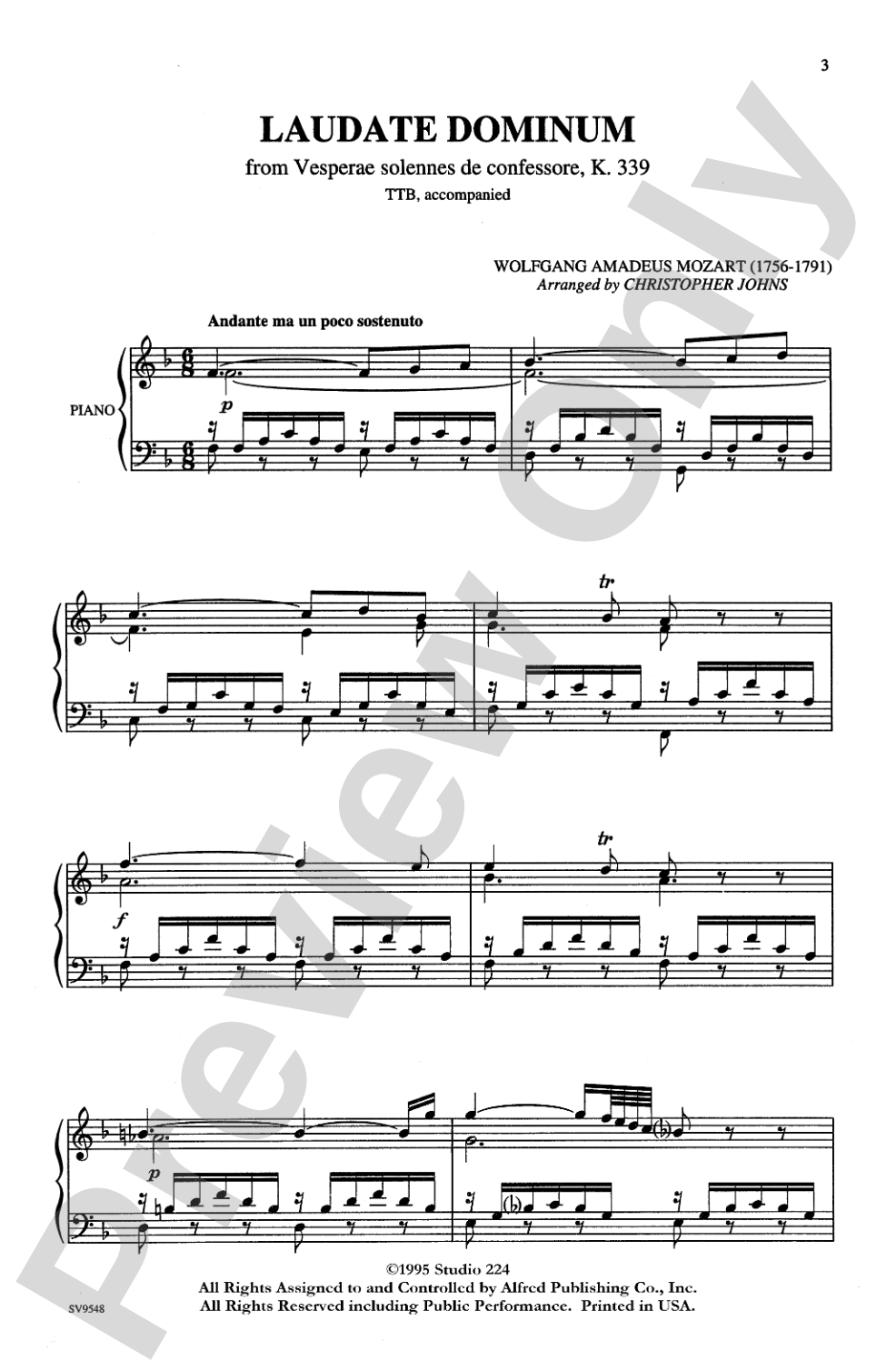 Laudate Dominum (from <I>Vesperae Solennes De Confessore,</I> K. 339): TTB Choral Octavo