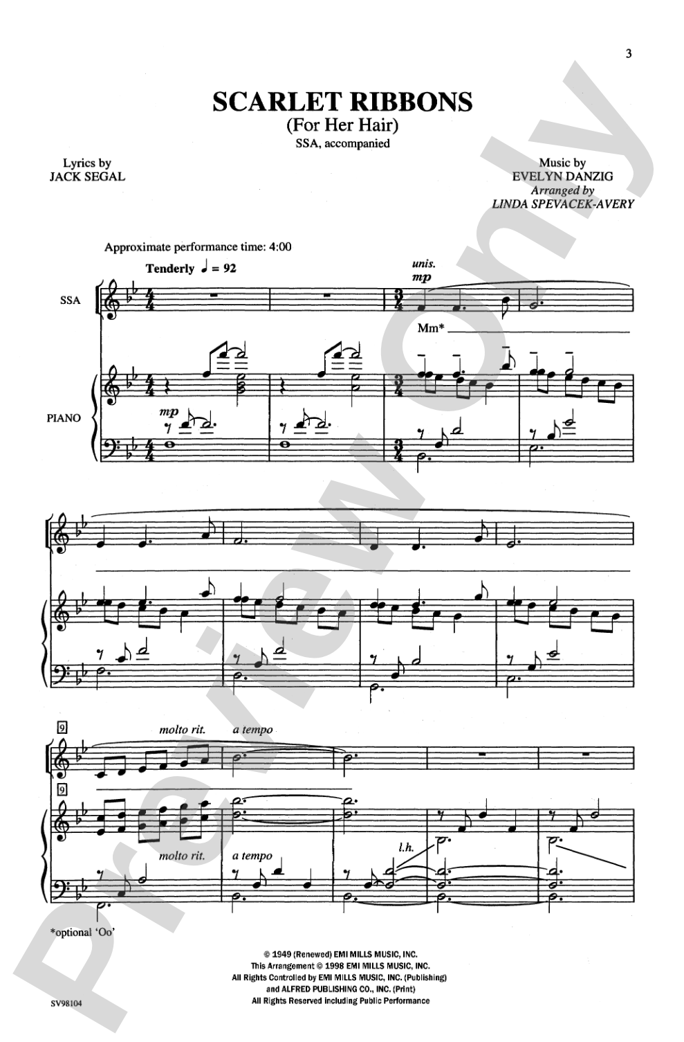 Scarlet Ribbons (for Her Hair): SSA Choral Octavo