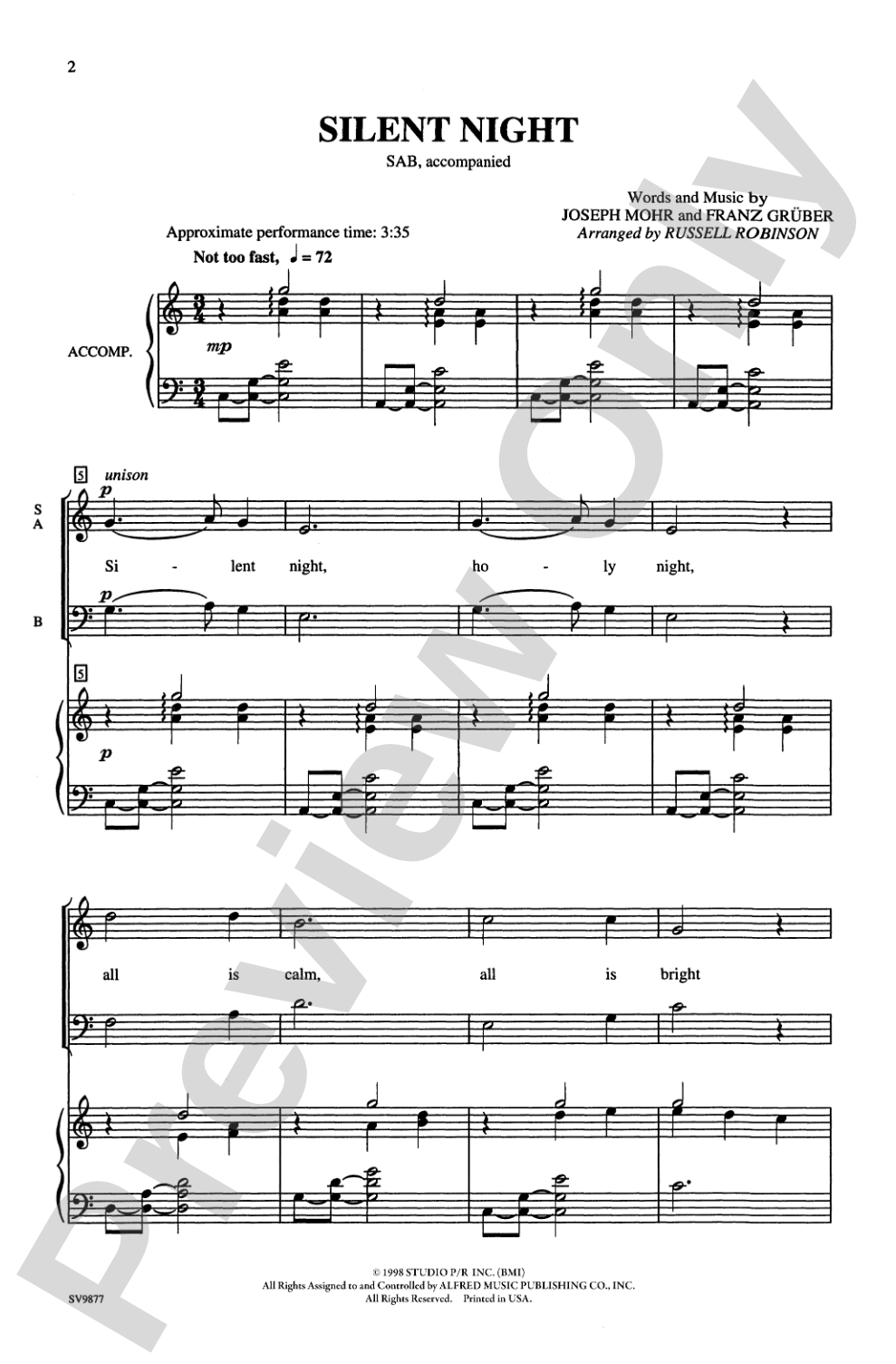 Silent Night: SAB Choral Octavo
