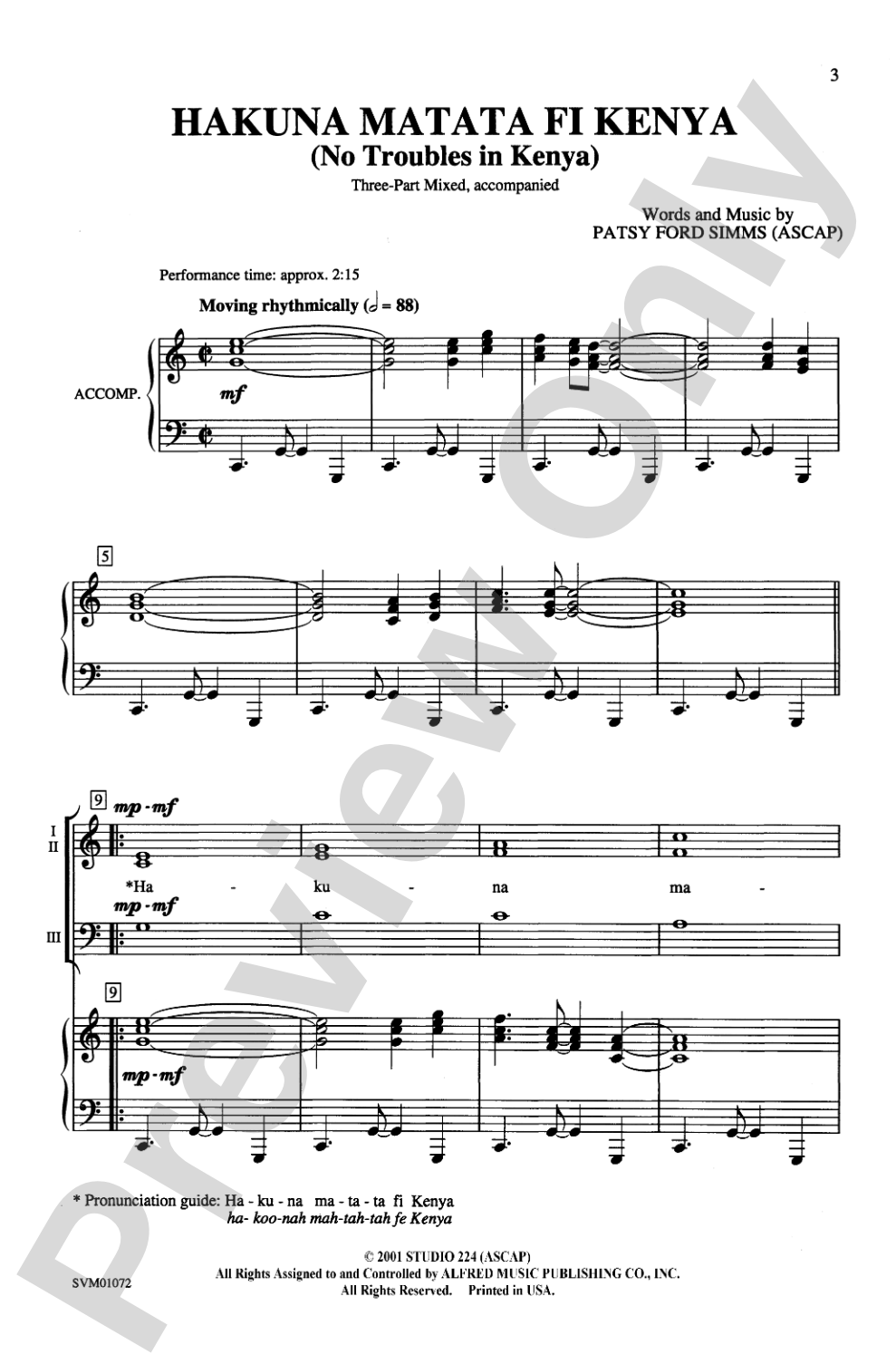 Hakuna Matata Fi Kenya (No Troubles in Kenya): 3-Part Mixed Choral Octavo
