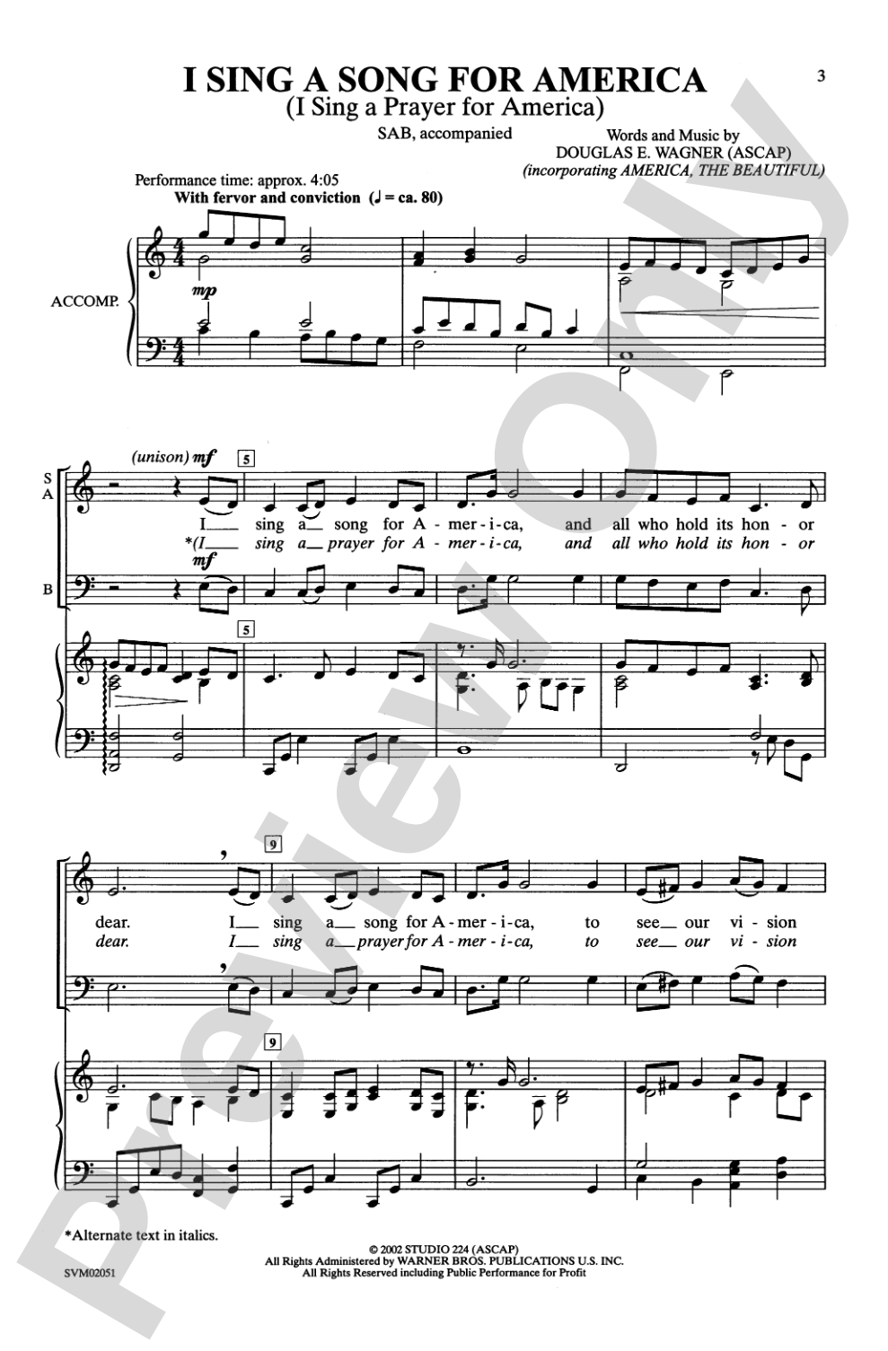 I Sing a Song for America (I Sing a Prayer for America): SAB Choral Octavo