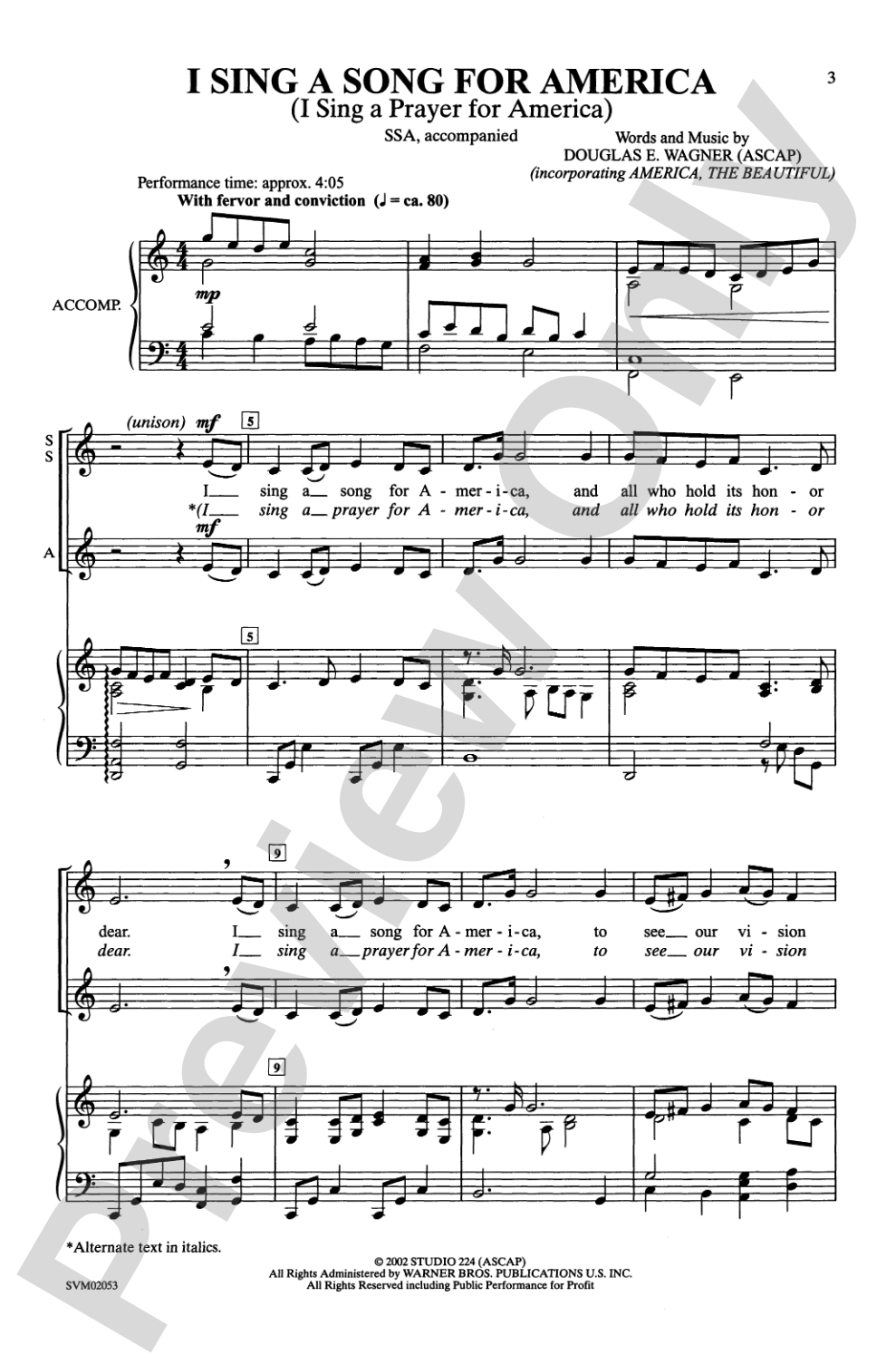 I Sing a Song for America (I Sing a Prayer for America): SSA Choral Octavo