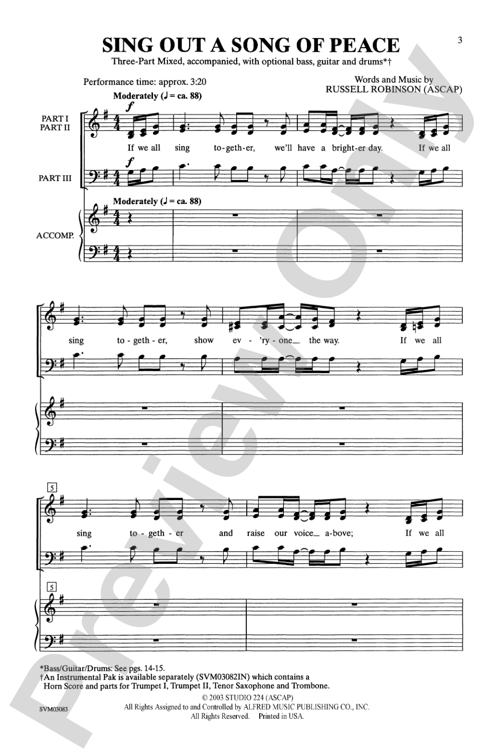 Sing Out a Song of Peace: 3-Part Mixed Choral Octavo