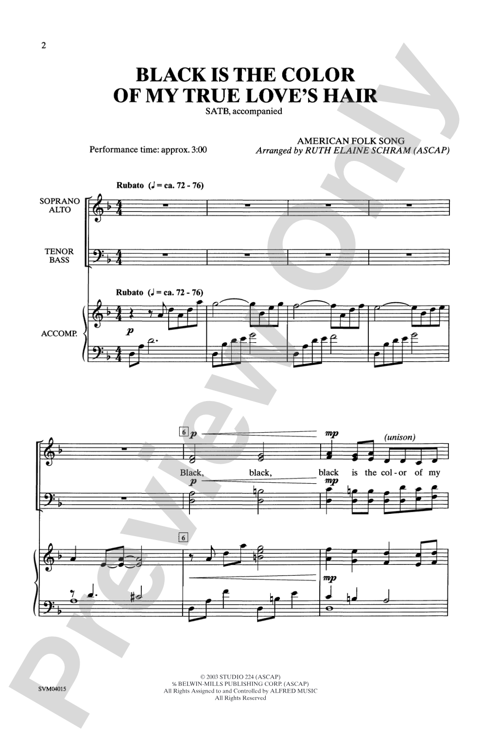 Black Is the Color of My True Love's Hair: SATB Choral Octavo