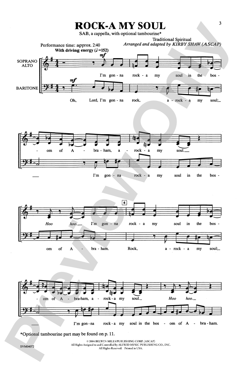 Rock-a My Soul: SAB, <I>a cappella</I> Choral Octavo