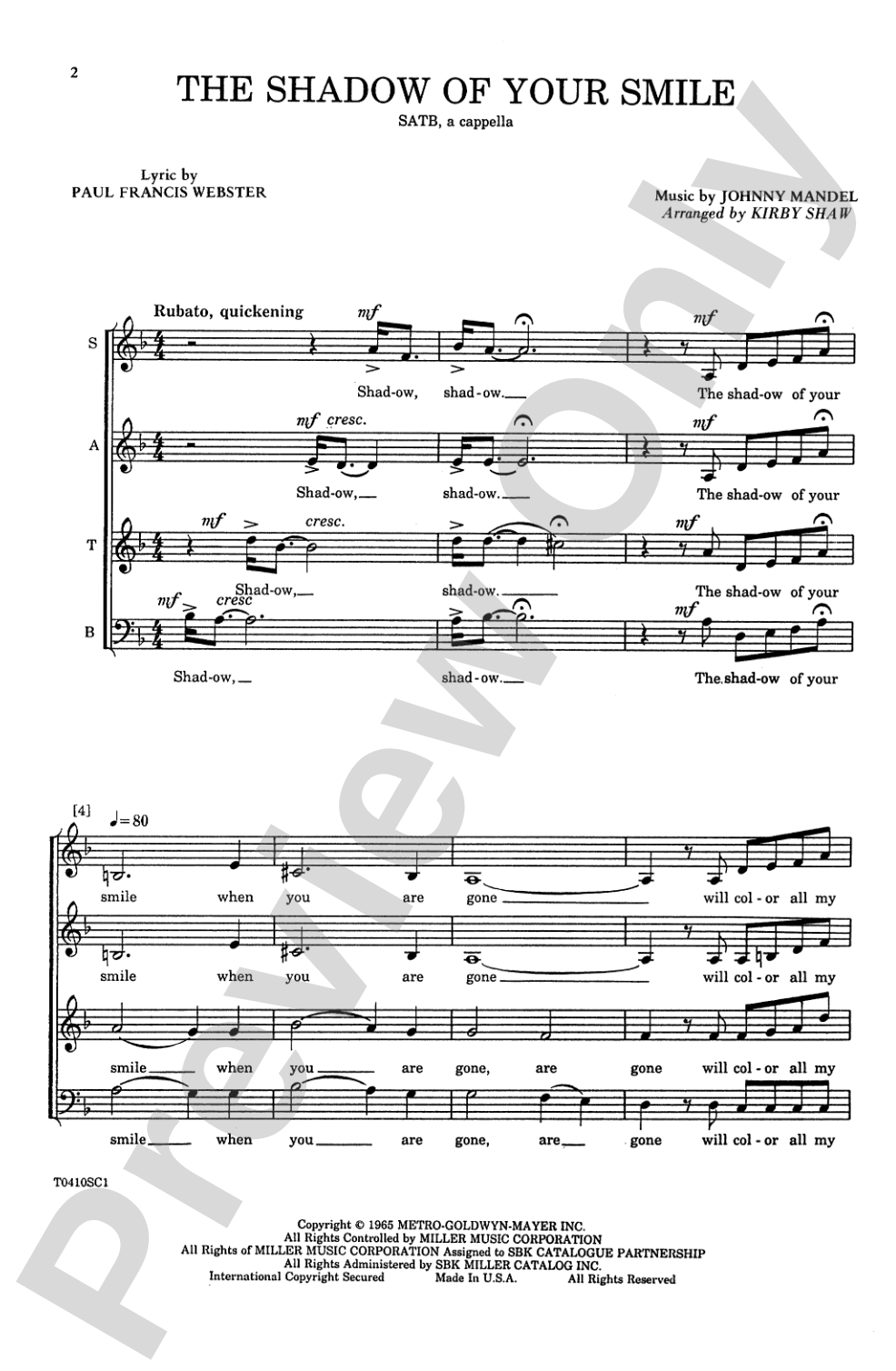 The Shadow of Your Smile (from <I>The Sandpiper</I>): SATB, <I>a cappella</I> Choral Octavo