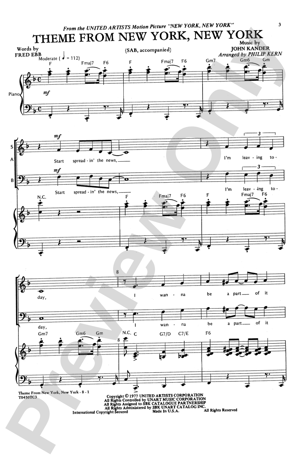 <I>New York, New York,</I> Theme from: SAB Choral Octavo