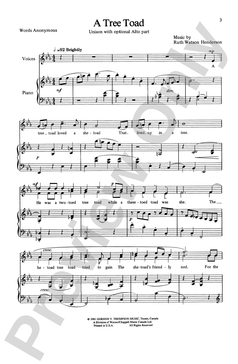 A Tree Toad and Lone Dog: Unison Choral Octavo