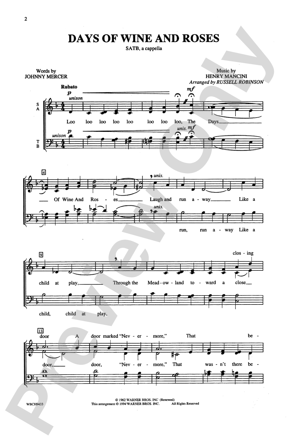 Days of Wine and Roses: SATB, <I>a cappella</I> Choral Octavo