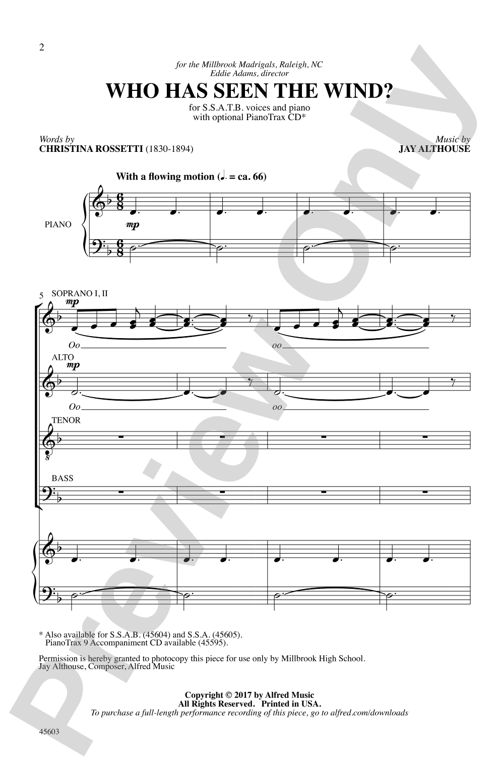 Who Has Seen the Wind?: SSATB Choral Octavo