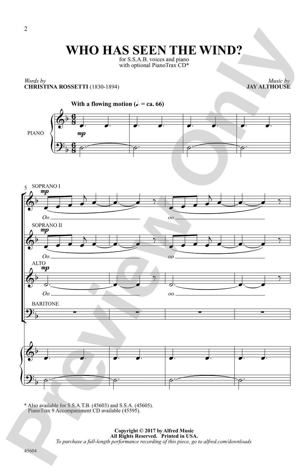 Who Has Seen the Wind?: SSAB Choral Octavo
